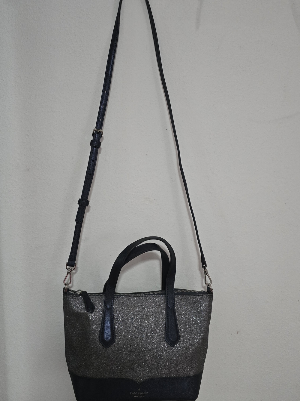Kate Spade Navy Blue and Silver Glitter Crossbody Tote